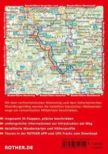 Auf einer Karte von Deutschland führen farbige Linien entlang des Rheins. Roter Text beschreibt Wanderführer und Infrastruktur.