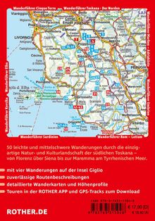 Eine farbige Landkarte der Toskana, umgeben von roten Rändern mit den Titeln verschiedener Wanderführer. Darunter kurze Beschreibung von Wanderungen und zusätzlichen Informationen wie App-Download.