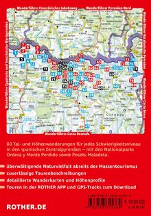 Text: "80 Tal- und Höhenwanderungen..." Roter Hintergrund, Wanderkarte der Zentralpyrenäen mit nummerierten Punkten.