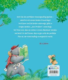 Ein Bär mit rotem Rucksack und ein Hase wandern durch den Wald, umgeben von grünen Blättern. Ab 3 Jahren.