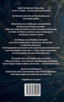 Text auf einem Hintergrund aus funkelnden Sternen. Szenen einer epischen Fantasy-Saga mit Göttern, Juwelen und Dunkelheit. Empfohlen ab 14 Jahren.