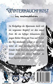 "WINTERHAUCHFROST ... in memoriam ... Im Hochgebirge des Alpenraums duckt sich ein vergessenes Bergdorf vor dem ewigen Frost." Schnee-Leopard Illustration, Berglandschaft, drei Logos unten.