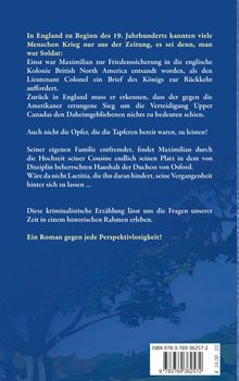 Text beschreibt ein historisches Drama in England um 1800. Unten Barcode und Preis. Hintergrund in Blau mit Baum und Landschaft.