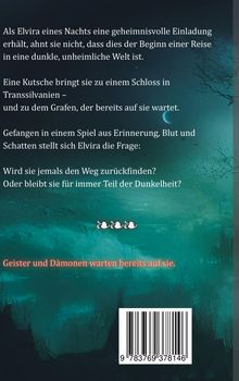 Text über Elviras geheimnisvolle Reise nach Transsilvanien. Dunkler Hintergrund mit blauer und grüner Färbung.