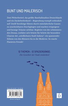 Text über Sehenswürdigkeiten in Regensburg, begleitet von einer stilisierten Illustration eines Doms in Orange.