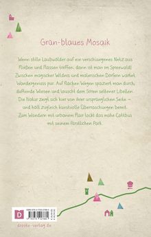"Grün-blaues Mosaik" steht oben. Darunter steht ein Text zum Spreewald und Cottbus. Links und unten sind bunte Symbole.