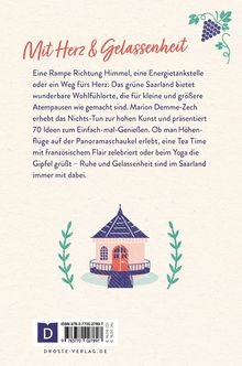 Text: "Mit Herz & Gelassenheit" als Titel. Beschreibung über Entspannung im Saarland. Illustration: Pavillon mit Pflanzen.