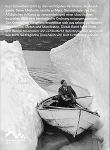Text über Kurt Schwitters’ Avantgarde-Arbeit. Untere Hälfte: Mann im Boot zwischen Eiswänden. Logo: Zentrum Paul Klee Bern.