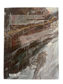 Text über Peter Casagrandes Malerei und Katalog. Abstrakte Kunst mit intensiven Pinselstrichen in Erdtönen und Weiß.