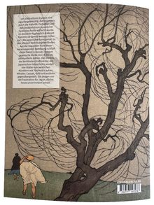 Ein Baum mit verworrenen Ästen, zwei Personen spazieren im Vordergrund, Text erklärt europäische Japanbegeisterung.