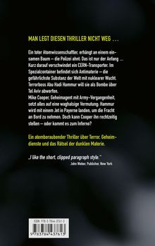 Text in gelb: "MAN LEGT DIESEN THRILLER NICHT WEG...". Thriller über Antimaterie, Terror; dramatisches Szenario mit Agent Mike Cooper.