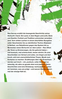 Text über Rea Garveys irische Herkunft. Grüne, orange und schwarze Pinselstriche über weißem Hintergrund.