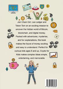 "Join Chain Girl, Leo Ledger and Token Tom on an exciting mission...entertaining, and memorable." Verschiedene Krypto-Illustrationen umgeben den Text.