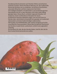 Text über norddeutsche Küche und deren Merkmale. Darunter eine Kartoffel mit grünen Blättern auf Holzuntergrund.