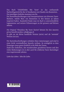 Text erklärt das "GHANDARA MA Tarot"-Buch, bietet Autorenkontakt und Karteninfos. Lila Hintergrund.