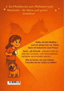Ein Pferdekrimi zum Mitfiebern und Miträtseln. Hallo, ich bin Nadine. Illustration: Mädchen mit Taschenlampe, Hund.