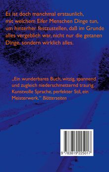 Orangefarbener Text auf blauem Hintergrund: Reflexion über menschliches Streben und Zitat einer Buchrezension. Unten Barcode.