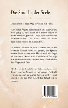 Titel: "Die Sprache der Seele". Text betont Selbstfindung durch Überwindung von Ängsten. Federmotiv als Verzierung.