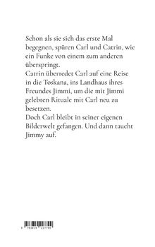 Text über Carl, Catrin, ihre Reise in die Toskana und die Rolle von Jimmi. Ein Barcode ist ebenfalls zu sehen.