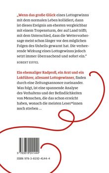 Oben ist ein Zitat über den Lottogewinn von Robert Eiffel, darunter eine Buchbeschreibung und ein roter Strich mit ISBN.