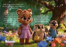 Text beschreibt, wie Eichhörnchen Eddie Mut im Funkelwald lernt. Illustration zeigt süße Tiere in bunter Blumenwelt.
