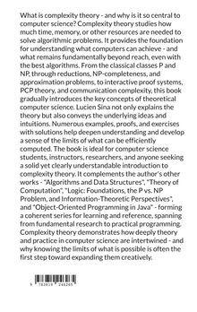 Text über Komplexitätstheorie, ihre Bedeutung in der Informatik und relevante Themen. Unterer Bereich zeigt einen Barcode.