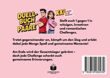 "Duell-Buch für Paare", XXL-Edition, mit Illustrationen eines lächelnden Paares, einander zugewandt, auf rosafarbenem Hintergrund.