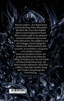 Text über Nael, der anders ist und seine Herkunft entdeckt. Dunkler, mystischer Hintergrund mit abstrakten Formen.