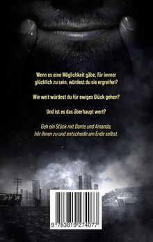 Ein Gesicht im Dunkeln, das über Trümmern einer Stadt schwebt. Texte über Glück und Entscheidungen, Barcode unten.