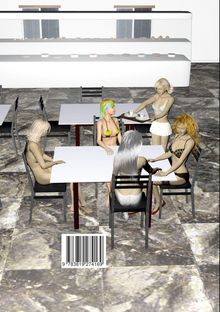 Illustration von Frauen in Bikinis, die an Tischen in einem Café mit Marmorboden sitzen; eine Serviererin bringt Getränke.