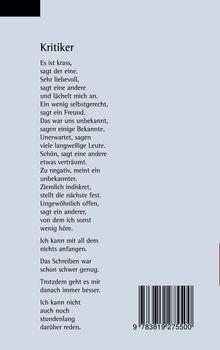 Text: Kritiker. Es folgt ein Gedicht, das verschiedene Meinungen und Gefühle zum Ausdruck bringt. Unten ein Barcode.