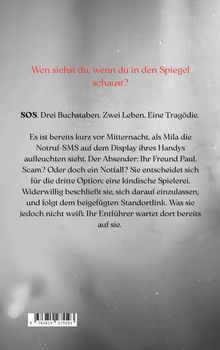„Wen siehst du, wenn du in den Spiegel schaust?“ Text über SOS und Entführung. Hintergrund: verschwommener, spiegelähnlicher Effekt.