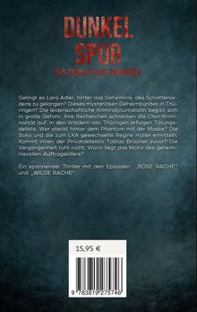 "DUNKEL SPUR DER THRILLER AUS THÜRINGEN" in roten Lettern. Text über Lara Adler und Ermittlungen. Preis 15,95 €.