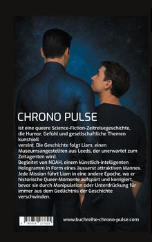 Text über "CHRONO PULSE", eine queere Science-Fiction-Zeitreisegeschichte. Zwei Männer stehen vor einem Sternenhintergrund.