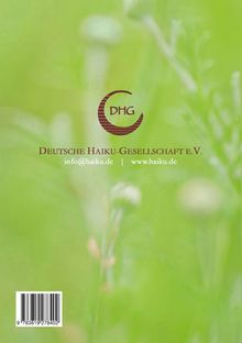 Im Zentrum steht "Deutsche Haiku-Gesellschaft e.V." mit Logo und E-Mail sowie Website. Dahinter unscharfes Grün.