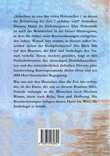 Blauer Hintergrund, Text über Brunnenlesungen in Graz. Zitiert Duanna Mund. Barcode unten.