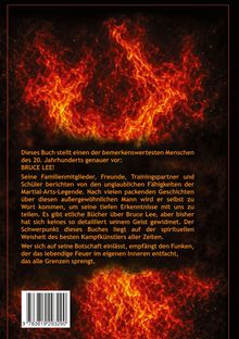 Text in der Mitte beschreibt ein Buch über Bruce Lee, seine Fähigkeiten und spirituelle Weisheit. Hintergrund: Flammen.