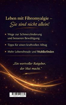 Gelber Text auf dunklem Hintergrund: „Leben mit Fibromyalgie – Sie sind nicht allein!“ Funken und goldene Linien im Design.