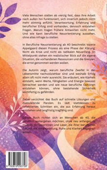 Text über berufliche Neuorientierung ab 40. Farbige, gemusterte Illustration mit Blättern und geschwungenen Formen.