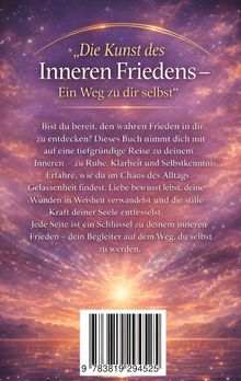 "Die Kunst des Inneren Friedens – Ein Weg zu dir selbst." Himmel mit leuchtenden Sternen, Sonnenuntergang und Barcode.