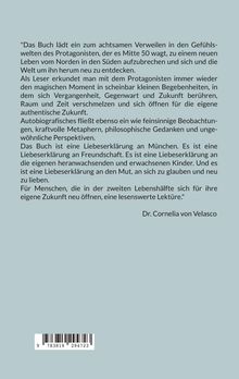 Das Zitat beschreibt ein Buch über Entdeckungen und Liebe in der Lebensmitte, gewidmet München, Freundschaft und Mut.