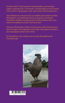 Ein Text beschreibt 77 Tierdenkmäler, darunter Storch und Seekuh, vor allem in Deutschland. Unten ein Hahnen-Denkmal.