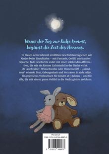 Ein Einschlafbuch mit Geschichten für Kinder ab 3 Jahren, illustriert mit einem Häschen und einem Bären unter einem Mond.