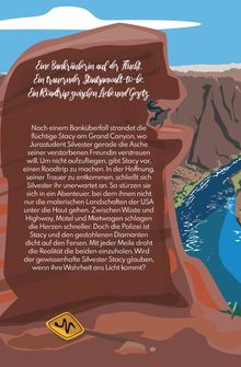 Ein Roadtrip nach einem Banküberfall, Stacy und Silvester fliehen vor der Polizei, erleben Abenteuer und stellen sich der Realität. In einer Illustration mit Canyon und Fluss.