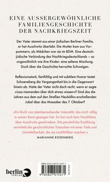Ein Buch über eine außergewöhnliche Familiengeschichte der Nachkriegszeit mit jüdisch-deutscher Verbindung. Zitat von Marianne Rosenberg. Unten Verlag-Logo. Preisangabe €20,00.