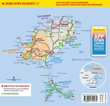 „Deine Extra Faltkarte“, „APP DOWNLOADEN“. Eine bunte Karte von Ibiza und Formentera mit markierten Orten und Highlights.