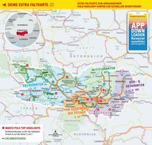 Karte von Kärnten, Österreich, mit Regionen Oberkärnten, Mittelkärnten, Süd- & Ostkärnten. Oben Werbebanner für eine App.