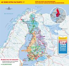 Reiseführer-Grafik von Finnland, mit farbigen Regionen, Straßen und Städten. Marco Polo App-Werbung enthalten.