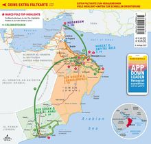 Eine Landkarte von Oman. Orte und Regionen wie Musandam, Muscat und Salalah sind markiert. Hinweis auf App-Download.