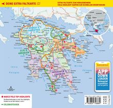 „DEINE EXTRA FALTKARTE“ oben, bunte Karte von Peloponnes, Orte wie Korinth und Sparta markiert, Werbeanzeige rechts.
